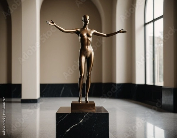 Fototapeta A bronze statue of a nude female figure with outstretched arms stands on a marble pedestal in a spacious room with arched windows.