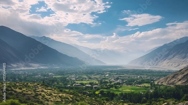 Fototapeta Mountain Valley Village: A Sunny Day in the High Country. AI Generated