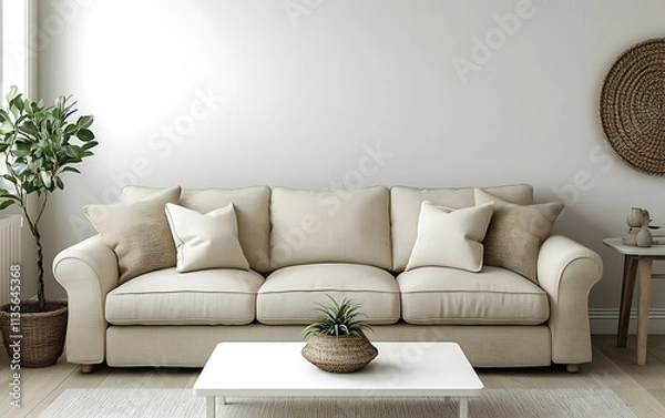 Fototapeta Beige sofa in minimalist living room with natural decor.