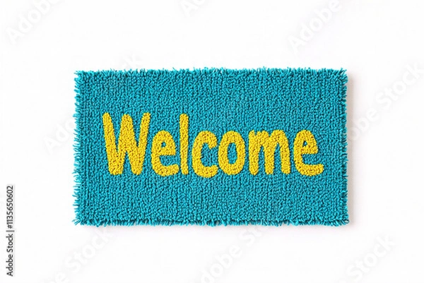 Fototapeta A teal blue doormat with "Welcome" written in the middle of it. (Generative AI)