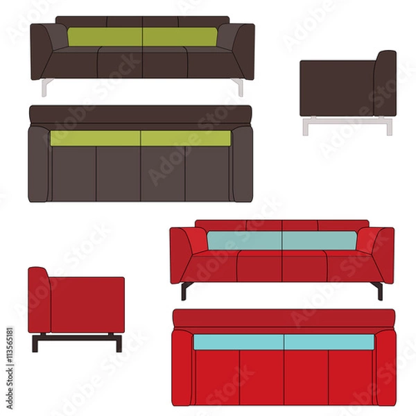 Obraz Sofa Set Flat Vector Illustration Top Front Side View