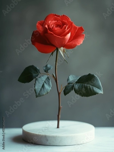 Fototapeta red rose on a white podium