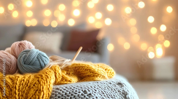Obraz Cozy knitting scene with soft yarn and warm lights. Perfect for autumn or winter projects.
