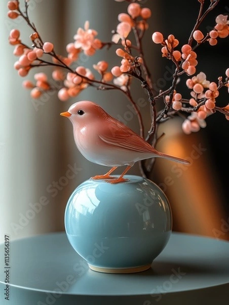 Fototapeta Chic Platform Display: Handcrafted Ceramic Bird Figurine, Miniature Art Sculpture, Elegant Home Decor, Unique Gift Idea