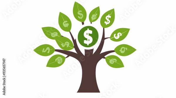 Obraz Illustrative money tree graphic; green leaves with currency symbols, representing financial growth and investment returns. Ideal for business, finance, and wealth management concepts.