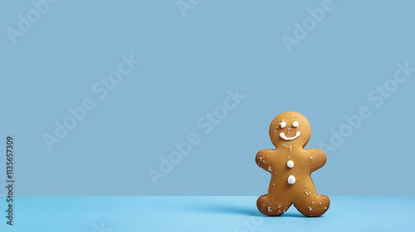 Obraz Smiling Gingerbread Man Cookie on Minimal Blue Background