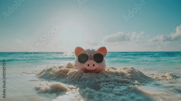 Obraz Piggy bank wearing sunglasses on a tropical beach, symbolizes saving for a vacation.