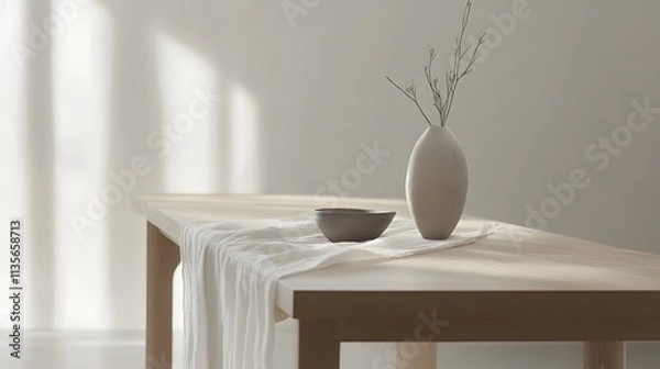 Fototapeta A minimalist dining table with a layered chiffon runner and a multi-textured ceramic vase, set in a bright white space