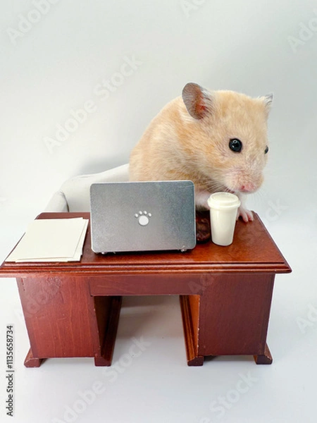 Fototapeta Cute Syrian hamster working on a laptop at a desk