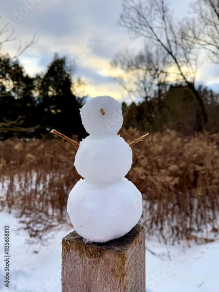 Fototapeta Miniature snowman on a fence post at dusk