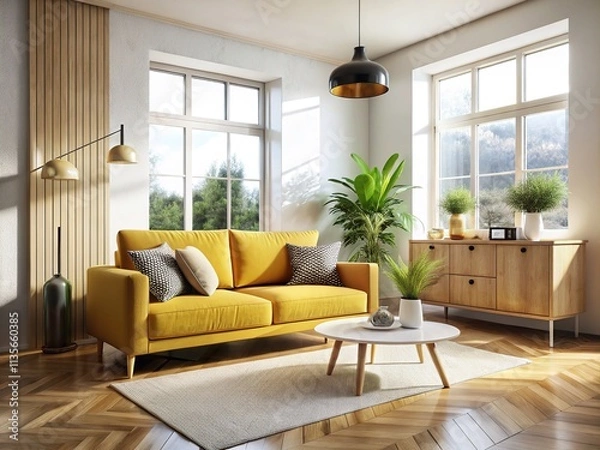 Obraz Modern Scandinavian Living Room with Yellow Sofa - AI Photo