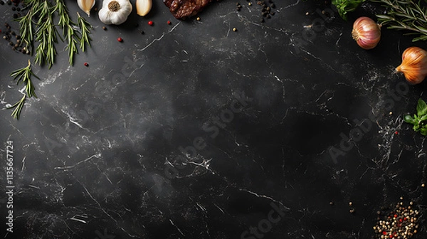 Obraz Fresh herbs and spices on black marble table, perfect for cooking