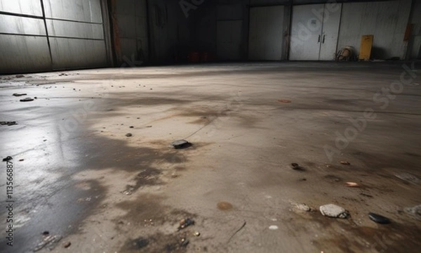 Fototapeta Grungy concrete floor with oil stains and scattered debris in a garage, garage, oil stains, background