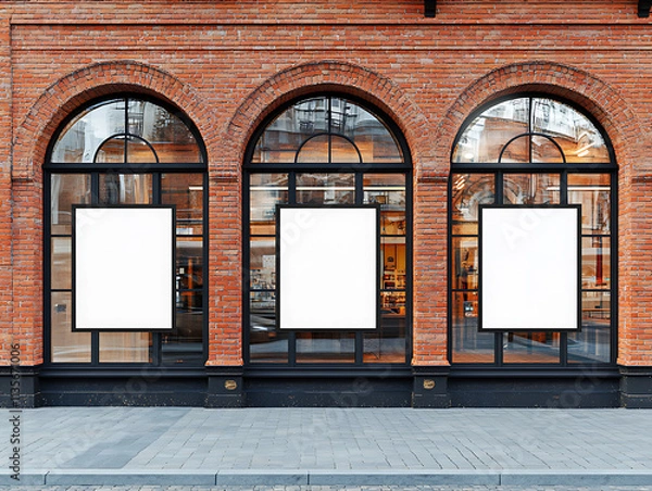 Fototapeta Three Blank White Signs in Arched Windows of a Brick Building: Perfect for Advertising or Mockups