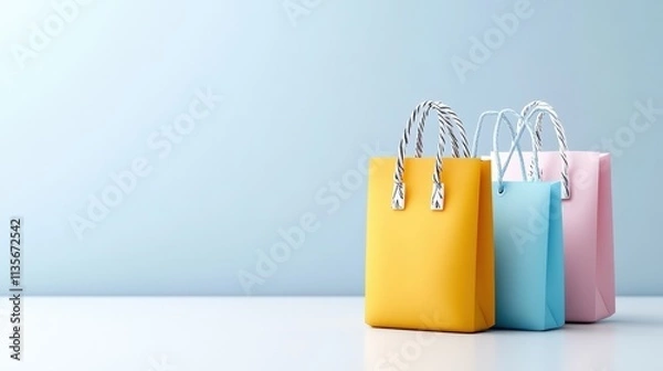 Fototapeta Colorful shopping bags on white table showcasing shopping deals and discounts for retail marketing and consumer promotions