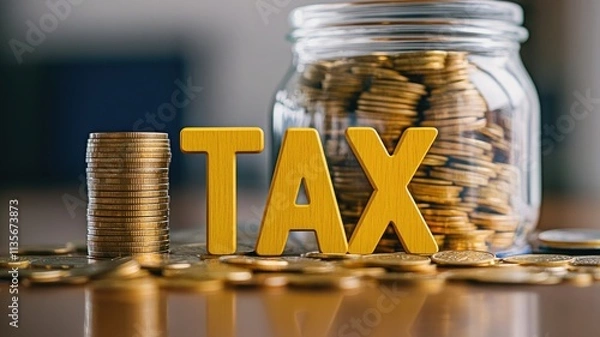 Fototapeta The word "TAX" made of yellow wooden letters stands on the table between stacks of coins and in front of an open glass jar ,generative ai