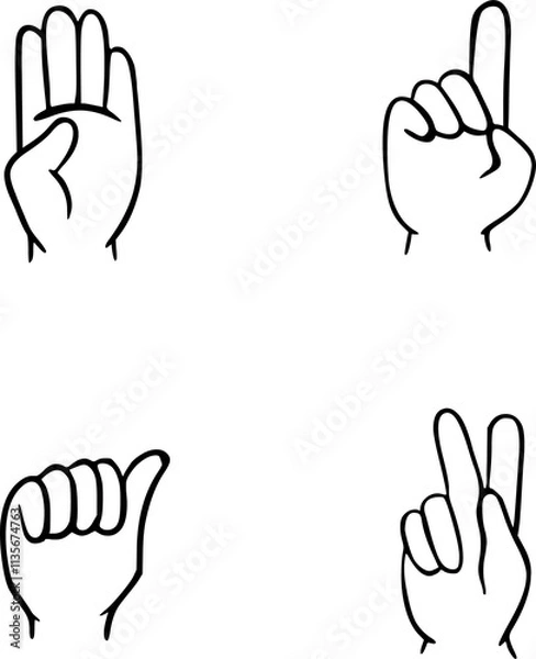 Fototapeta Hand gestures and sign language icon set. Isolated contour illustration of vector human hands. Contour hands vector collection-accuracy sketching of hand gestures-color version at my gallery
