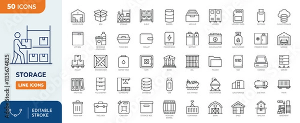 Obraz Storage line editable icon set. Containing warehouse, box, database,  inventory, container, shelf, archive and more. Vector illustration