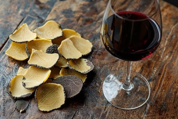 Fototapeta Pasta with truffles and glass of red wine on wooden table copy space.. , isolated on white background,  , copy space, copy space for text,