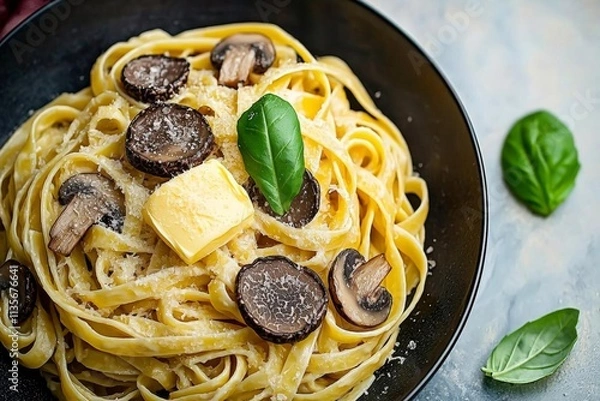 Fototapeta Top view of truffle fettuccine with mushrooms, long egg pasta