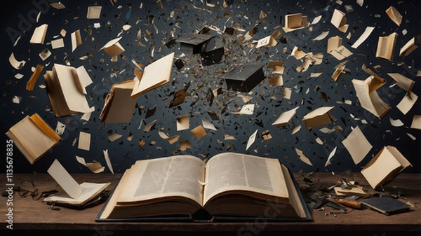 Fototapeta A chaotic void filled with fragments of memories, like floating books
