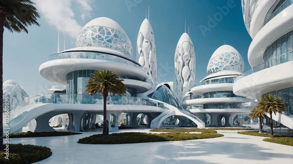 Fototapeta A futuristic utopia with clean white architecture and holographic trees.
