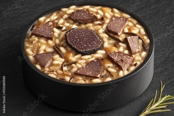 Fototapeta Black truffle risotto recipe.  Autumn creamy consistency risotto in stylish black dish on the black background. Dark autumn or winter mood in the style of the Chef's table