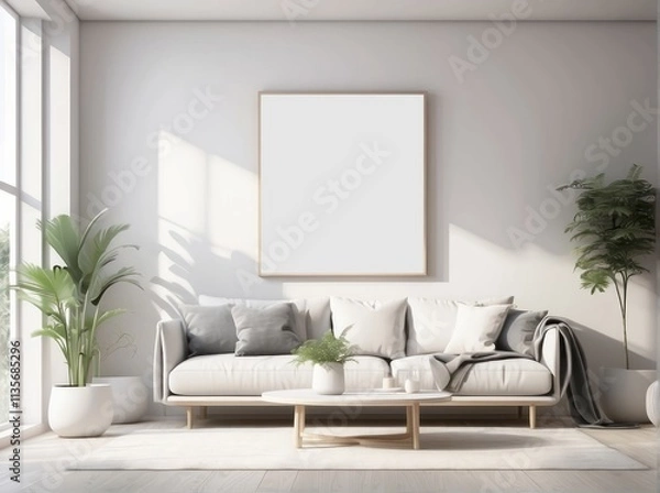 Obraz mock up frame in home interior background, white room with minimal decor