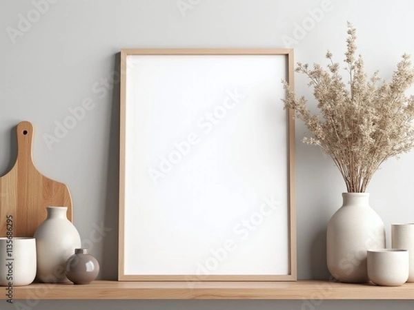 Fototapeta Blank A4 frame on a wooden shelf in a Nordic-inspired kitchen