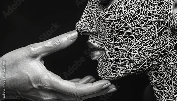 Fototapeta Continuous one line drawing of mental health concept with hand and tangled ball. 