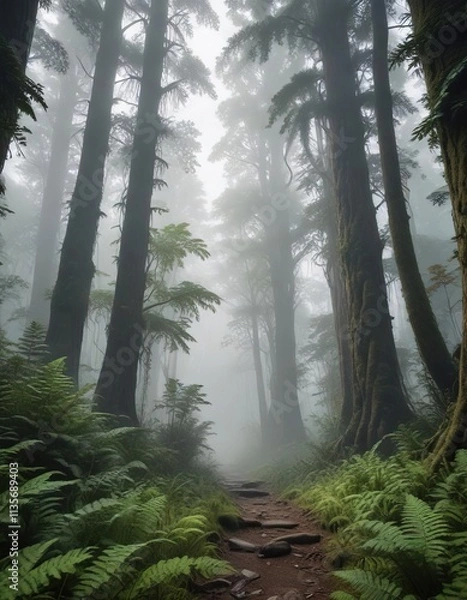 Fototapeta A misty forest with towering ancient trees and lush ferns, ancient, trees