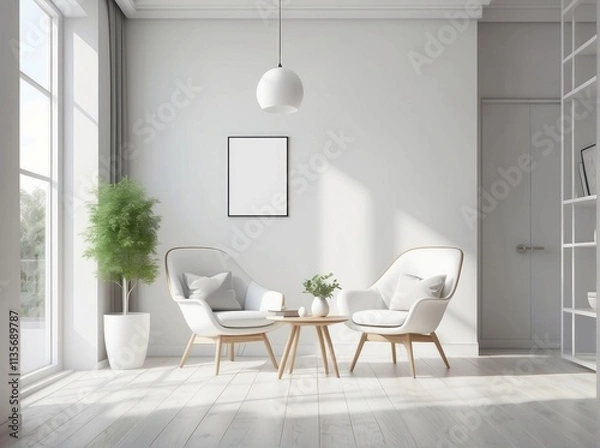 Obraz mock up modern interior with white chair in living room, Scandinavian style with empty wall, Crisp White wall