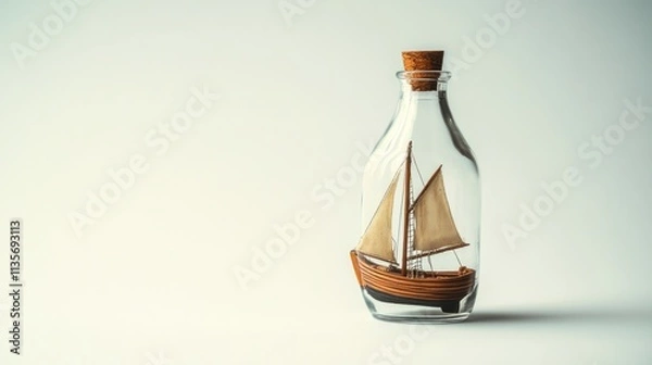 Fototapeta Miniature sailboat inside a clear glass bottle with a cork stopper against a white background.
