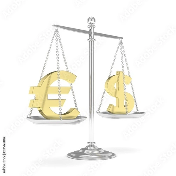 Fototapeta Isolated silver scales with golden dollar and euro currency. American and european finance. Measuring of market stability. 3D rendering.