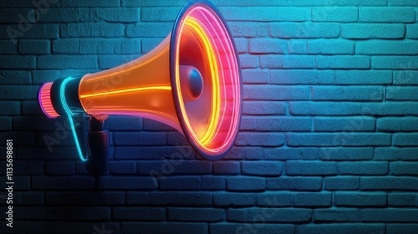 Fototapeta Neon lit megaphone for marketing, SEO, social media, and public relations concept