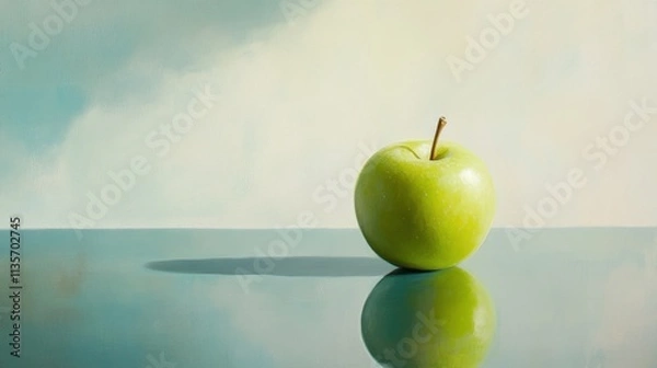 Fototapeta A single, fresh green apple on a reflective surface, surrounded by soft, diffused light, exuding simplicity and purity