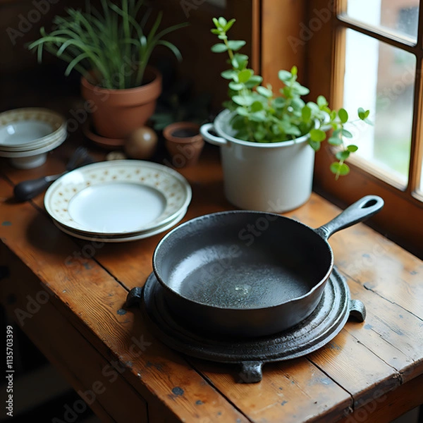 Obraz Homey Kitchen Scene with Cast Iron Skillet and Natural Elements