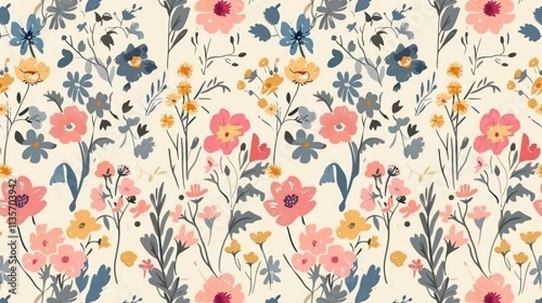 Fototapeta A seamless pattern of colorful flowers on a light background.