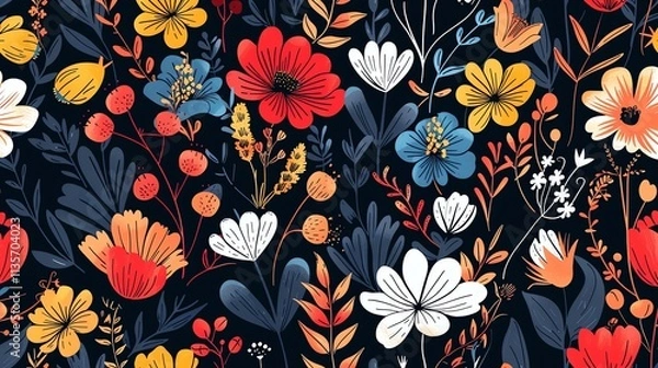Fototapeta A seamless pattern of colorful flowers and leaves on a dark background.
