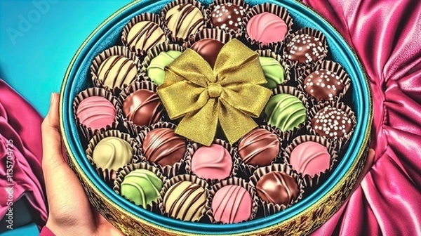 Fototapeta indulge in luxury: a circular box of chocolates with a golden bow on velvet - perfect for poster decor in gourmet kitchens or elegant dining spaces!