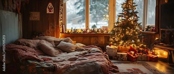 Fototapeta Cozy and Warm Living Room Decorated for Christmas with Soft Textiles, a Beautiful Tree, and a Festive Atmosphere of Cheer and Comfort
