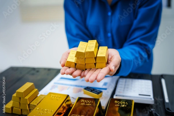 Fototapeta An Asian businesswoman sits at her desk analyzing gold bar prices, buying and selling gold, trading gold stocks, monitoring charts, and studying currency trends in an uptrending stock market.