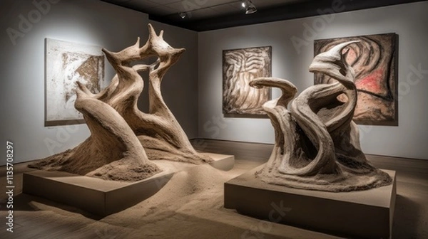 Fototapeta Sand sculptures and abstract paintings displayed in modern art gallery.
