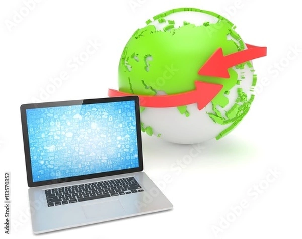 Fototapeta Laptop network and earth globe. 3d render