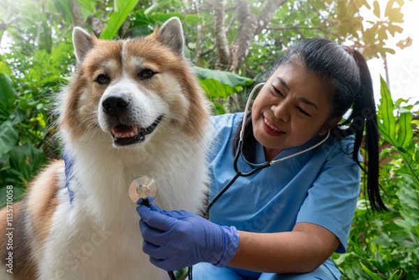 Obraz Close-up of a veterinarian checking a healthy Thai Bangkaew dog with a stethoscope surrounded by greenery. Female Vet Checking Dog’s Heartbeat in a Garden Setting 