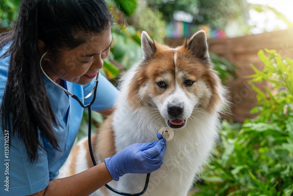 Obraz Close-up of a veterinarian checking a healthy Thai Bangkaew dog with a stethoscope surrounded by greenery. Female Vet Checking Dog’s Heartbeat in a Garden Setting 