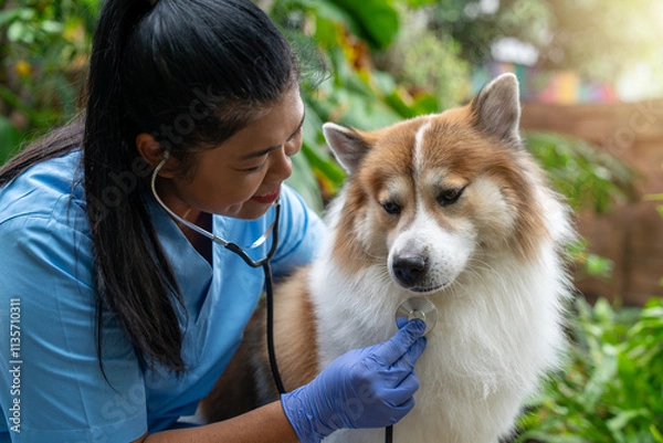 Obraz Close-up of a veterinarian checking a healthy Thai Bangkaew dog with a stethoscope surrounded by greenery. Female Vet Checking Dog’s Heartbeat in a Garden Setting 