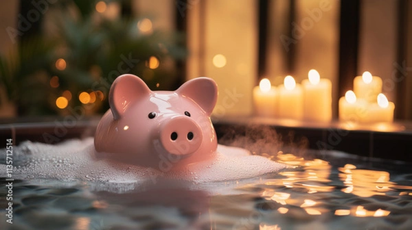 Fototapeta Creative financial services concept showcasing a piggy bank in a tranquil spa, representing stress-free money management and financial well-being. Image made using Generative AI