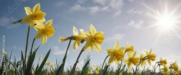 Fototapeta Beautiful daffodil flowers in full bloom against a sunny sky background, abstract, spring, sky