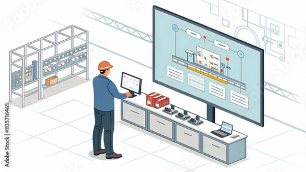 Fototapeta Engineer Monitoring Virtual Production Line Concept with Digital Technologies in Modern Manufacturing Environment